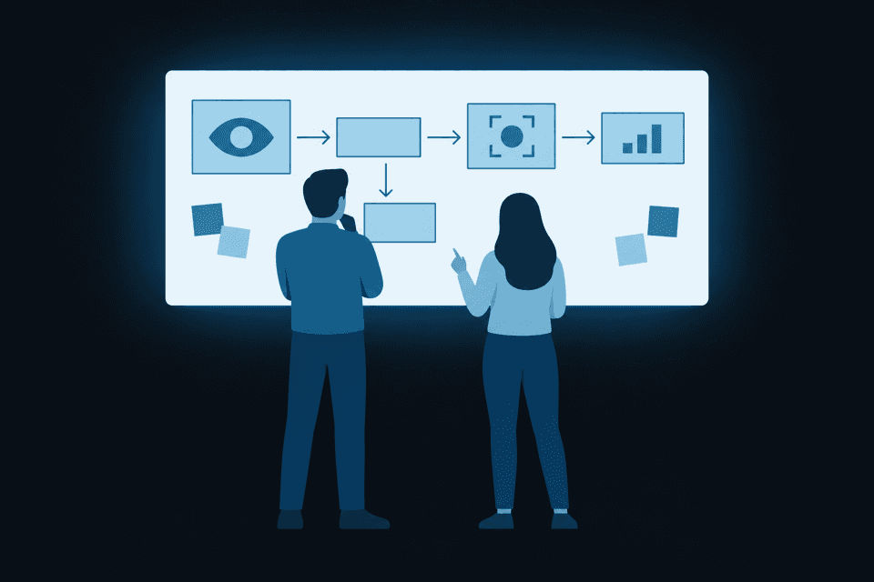 Two people standing at a whiteboard covered in boxes and arrows.